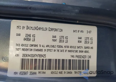 2007 Dodge Charger z USA, uszkodzony, nr VIN 2B3KA43G07H789425